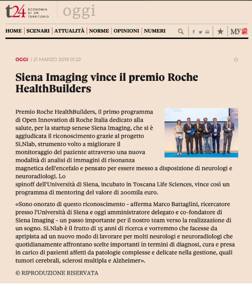 Siena Imaging vince il premio Roche HealthBuilders